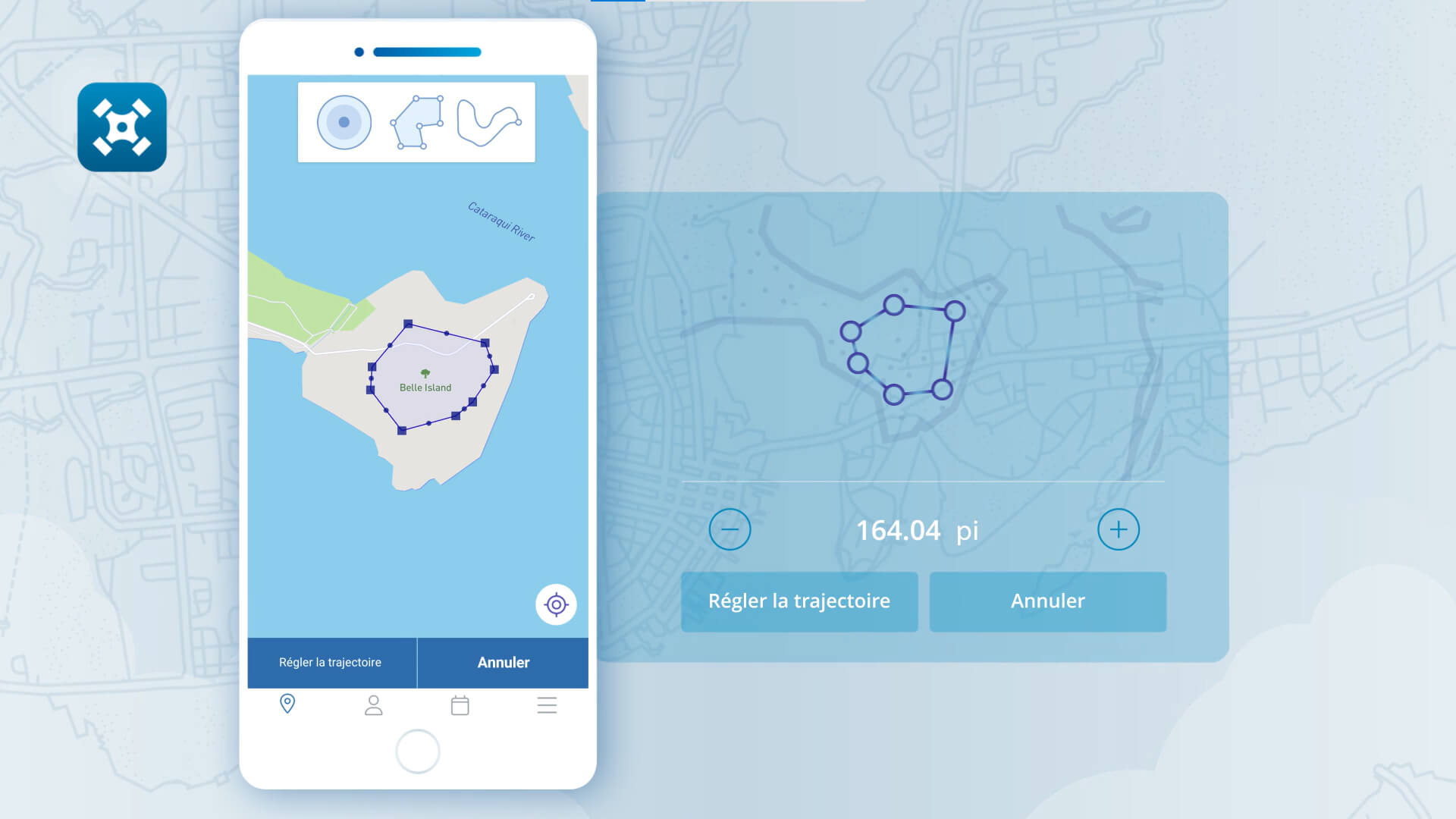 L'écran d'un smartphone affiche la fonction de planification des opérations de l'application NAV Drone, montrant une zone de vol personnalisée cartographiée sur Belle Island.